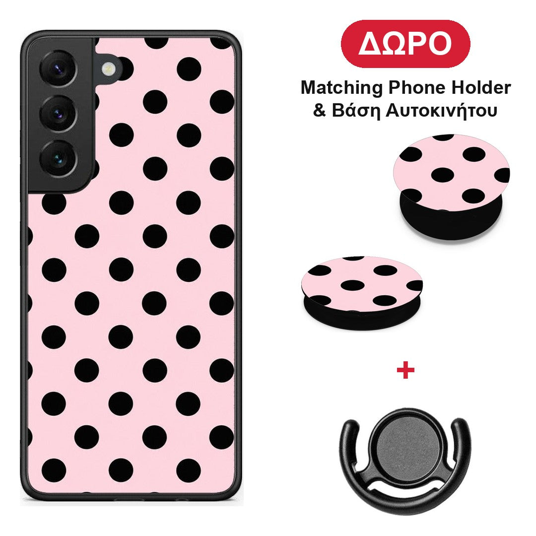 Black Polka Dots on Pink - Samsung Galaxy S22 θήκη + Δώρο Phone Holder & Βάση Αυτοκινήτου