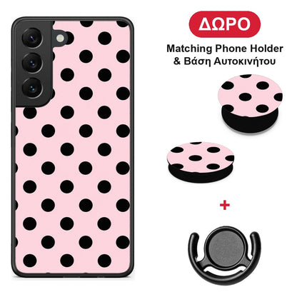 Black Polka Dots on Pink - Samsung Galaxy S22 θήκη + Δώρο Phone Holder & Βάση Αυτοκινήτου