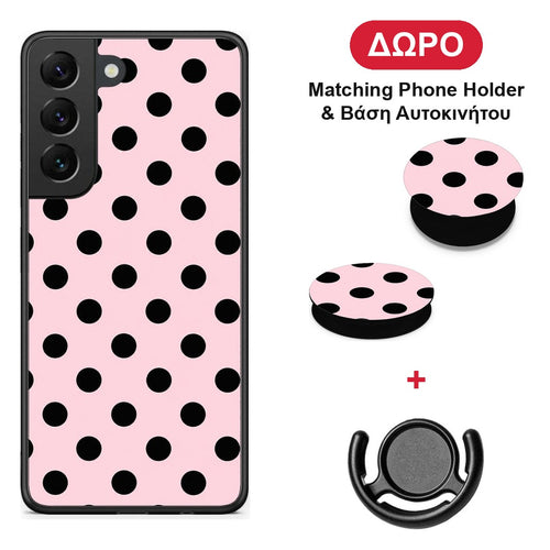 Black Polka Dots on Pink - Samsung Galaxy S22 θήκη + Δώρο Phone Holder & Βάση Αυτοκινήτου