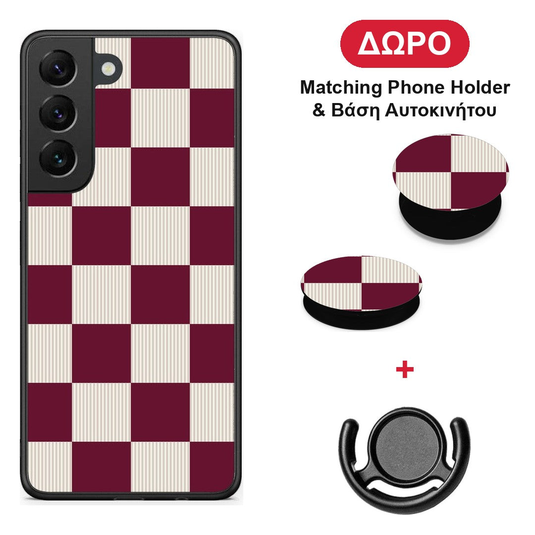 Burgundy and Cream Striped Checks - Samsung Galaxy S22 θήκη + Δώρο Phone Holder & Βάση Αυτοκινήτου