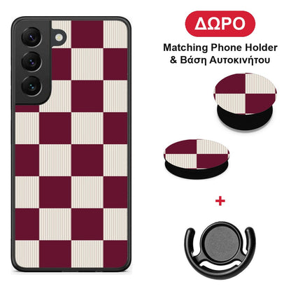 Burgundy and Cream Striped Checks - Samsung Galaxy S22 θήκη + Δώρο Phone Holder & Βάση Αυτοκινήτου