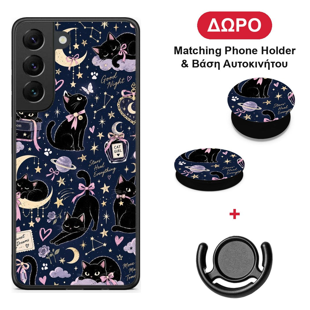 Celestial Black Cats on Navy - Samsung Galaxy S22 θήκη + Δώρο Phone Holder & Βάση Αυτοκινήτου