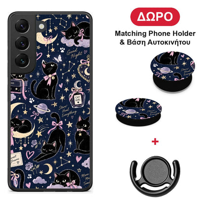 Celestial Black Cats on Navy - Samsung Galaxy S22 θήκη + Δώρο Phone Holder & Βάση Αυτοκινήτου