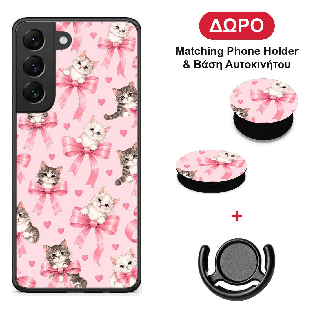 Kittens and Pink Bows on Pink - Samsung Galaxy S22 θήκη + Δώρο Phone Holder & Βάση Αυτοκινήτου