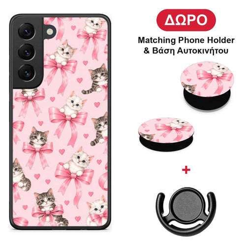 Kittens and Pink Bows on Pink - Samsung Galaxy S22 θήκη + Δώρο Phone Holder & Βάση Αυτοκινήτου