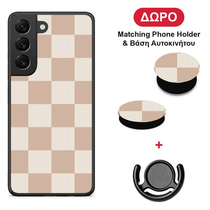 Latte and Cream Striped Checks - Samsung Galaxy S22 θήκη + Δώρο Phone Holder & Βάση Αυτοκινήτου