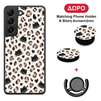 Leopard Spots and Black Cats on Cream - Samsung Galaxy S22 θήκη + Δώρο Phone Holder & Βάση Αυτοκινήτου