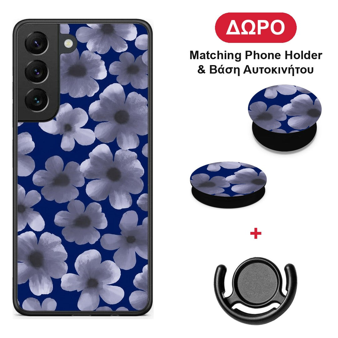Pale Blue Flowers on Navy - Samsung Galaxy S22 θήκη + Δώρο Phone Holder & Βάση Αυτοκινήτου