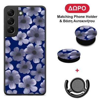 Pale Blue Flowers on Navy - Samsung Galaxy S22 θήκη + Δώρο Phone Holder & Βάση Αυτοκινήτου
