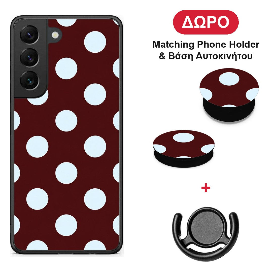 Pale Blue Large Polka Dots on Burgundy - Samsung Galaxy S22 θήκη + Δώρο Phone Holder & Βάση Αυτοκινήτου