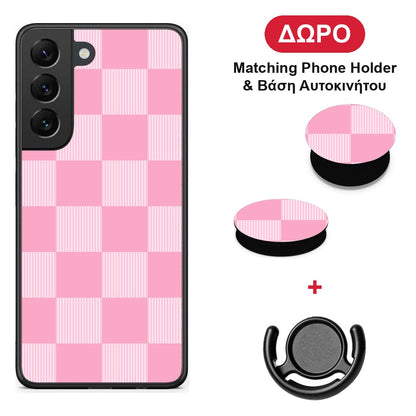 Pink and White Striped Checks - Samsung Galaxy S22 θήκη + Δώρο Phone Holder & Βάση Αυτοκινήτου