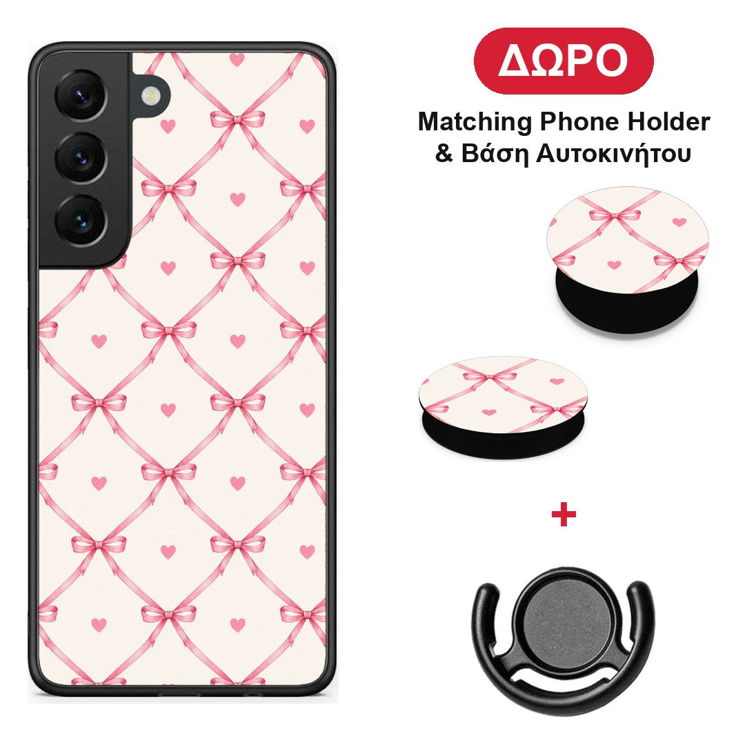 Pink Bow Lattice and Hearts on Cream - Samsung Galaxy S22 θήκη + Δώρο Phone Holder & Βάση Αυτοκινήτου