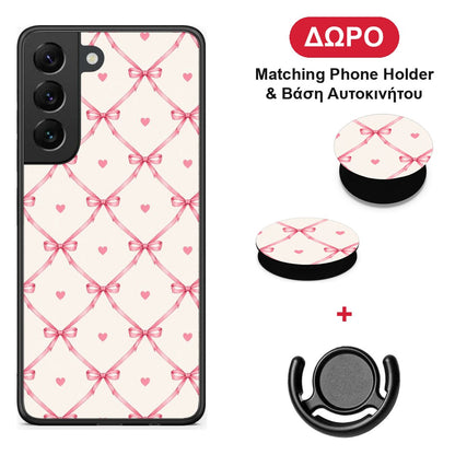 Pink Bow Lattice and Hearts on Cream - Samsung Galaxy S22 θήκη + Δώρο Phone Holder & Βάση Αυτοκινήτου