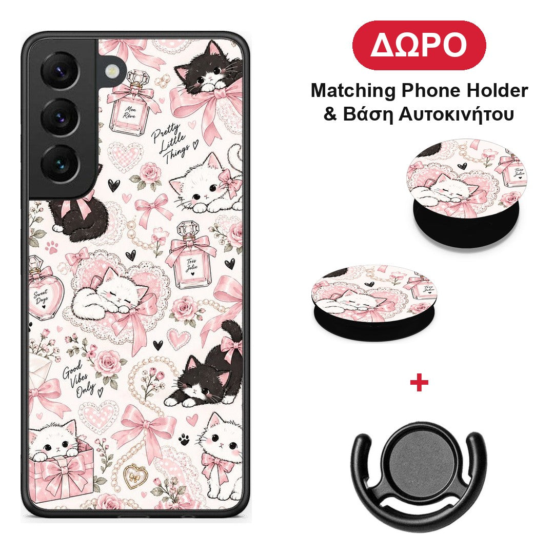 Pink Bows and Kittens Collage - Samsung Galaxy S22 θήκη + Δώρο Phone Holder & Βάση Αυτοκινήτου