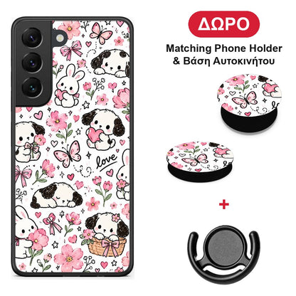 Pink Florals Puppies and Bunnies on White - Samsung Galaxy S22 θήκη + Δώρο Phone Holder & Βάση Αυτοκινήτου