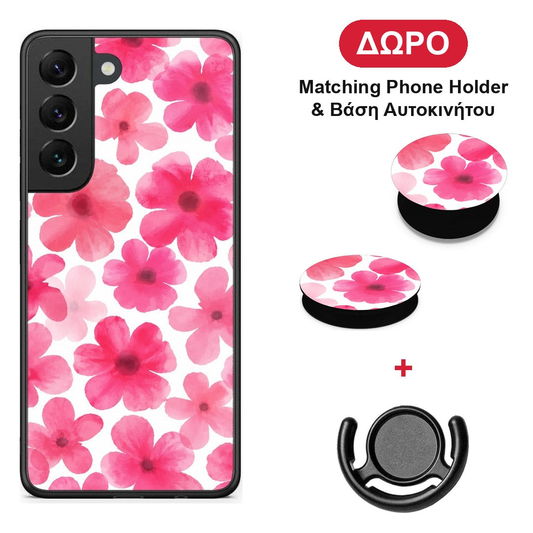 Pink Watercolour Flowers on White - Samsung Galaxy S22 θήκη + Δώρο Phone Holder & Βάση Αυτοκινήτου
