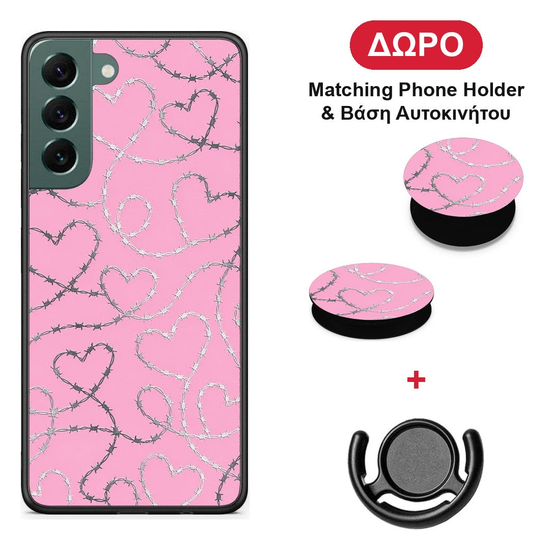 Barbed Wire Hearts on Pink - Samsung Galaxy S22 Plus θήκη + Δώρο Phone Holder & Βάση Αυτοκινήτου