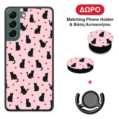 Black Cat Silhouettes and Hearts on Pink - Samsung Galaxy S22 Plus θήκη + Δώρο Phone Holder & Βάση Αυτοκινήτου