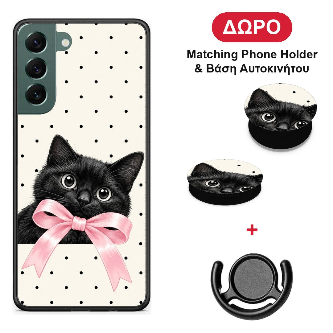 Black Kitten Pink Bow and Polka Dots - Samsung Galaxy S22 Plus θήκη + Δώρο Phone Holder & Βάση Αυτοκινήτου