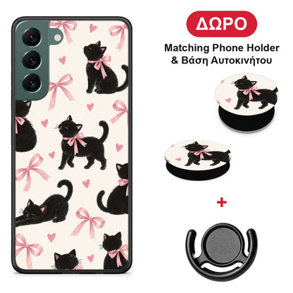 Black Kittens and Pink Bows on Cream Large - Samsung Galaxy S22 Plus θήκη + Δώρο Phone Holder & Βάση Αυτοκινήτου