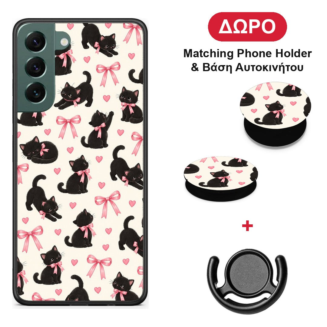 Black Kittens and Pink Bows on Cream Small - Samsung Galaxy S22 Plus θήκη + Δώρο Phone Holder & Βάση Αυτοκινήτου