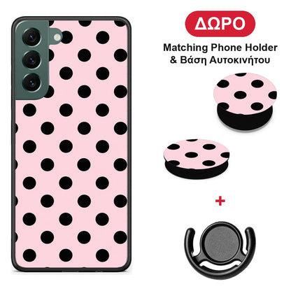 Black Polka Dots on Pink - Samsung Galaxy S22 Plus θήκη + Δώρο Phone Holder & Βάση Αυτοκινήτου