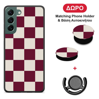 Burgundy and Cream Striped Checks - Samsung Galaxy S22 Plus θήκη + Δώρο Phone Holder & Βάση Αυτοκινήτου
