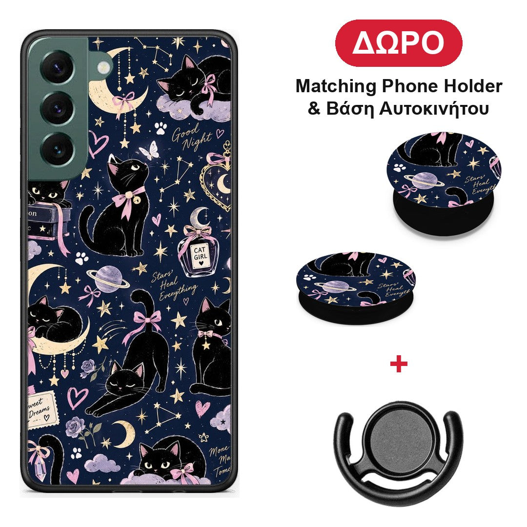 Celestial Black Cats on Navy - Samsung Galaxy S22 Plus θήκη + Δώρο Phone Holder & Βάση Αυτοκινήτου
