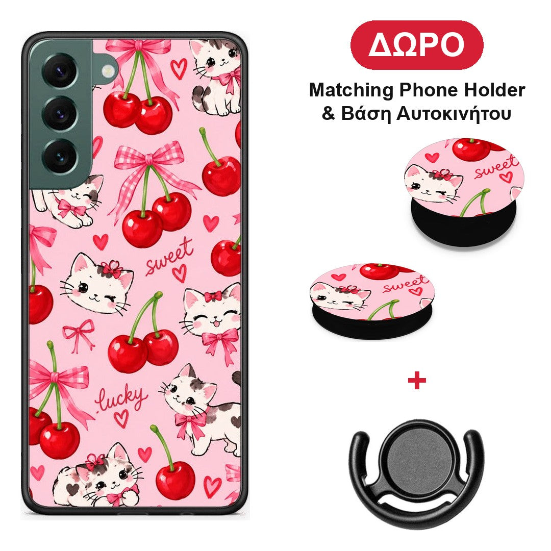 Cherries Bows and Kittens on Pink - Samsung Galaxy S22 Plus θήκη + Δώρο Phone Holder & Βάση Αυτοκινήτου
