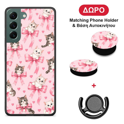 Kittens and Pink Bows on Pink - Samsung Galaxy S22 Plus θήκη + Δώρο Phone Holder & Βάση Αυτοκινήτου
