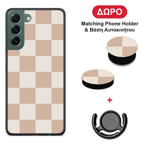 Latte and Cream Striped Checks - Samsung Galaxy S22 Plus θήκη + Δώρο Phone Holder & Βάση Αυτοκινήτου