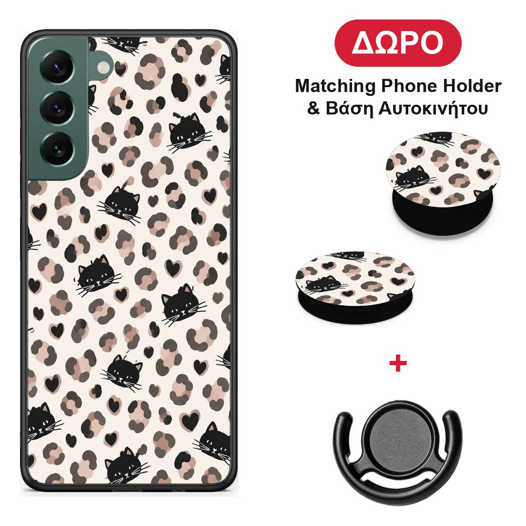 Leopard Spots and Black Cats on Cream - Samsung Galaxy S22 Plus θήκη + Δώρο Phone Holder & Βάση Αυτοκινήτου