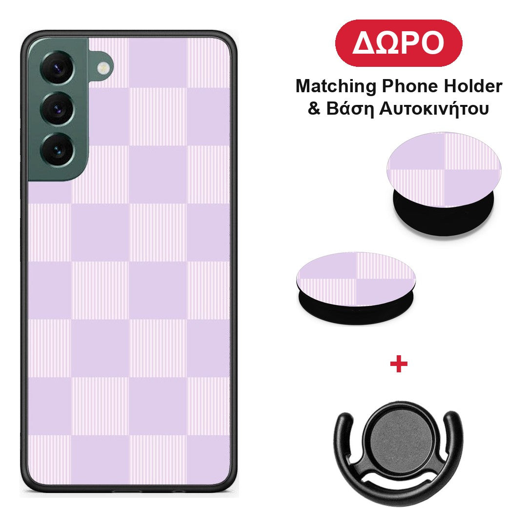 Lilac and Cream Striped Checks - Samsung Galaxy S22 Plus θήκη + Δώρο Phone Holder & Βάση Αυτοκινήτου