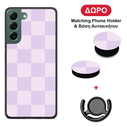 Lilac and Cream Striped Checks - Samsung Galaxy S22 Plus θήκη + Δώρο Phone Holder & Βάση Αυτοκινήτου