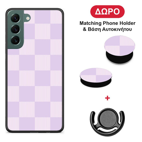 Lilac and Cream Striped Checks - Samsung Galaxy S22 Plus θήκη + Δώρο Phone Holder & Βάση Αυτοκινήτου