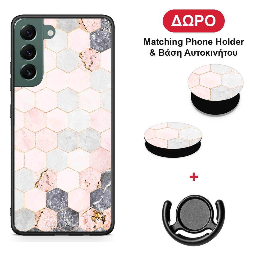 Marble Hexagon Pink - Samsung Galaxy S22 Plus θήκη + Δώρο Phone Holder & Βάση Αυτοκινήτου