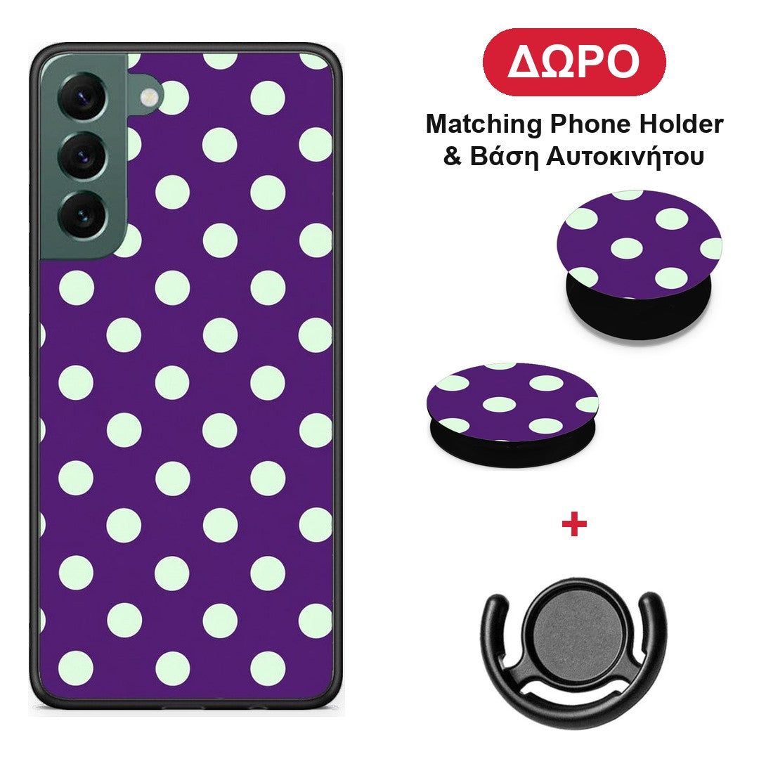 Mint Polka Dots on Purple - Samsung Galaxy S22 Plus θήκη + Δώρο Phone Holder & Βάση Αυτοκινήτου