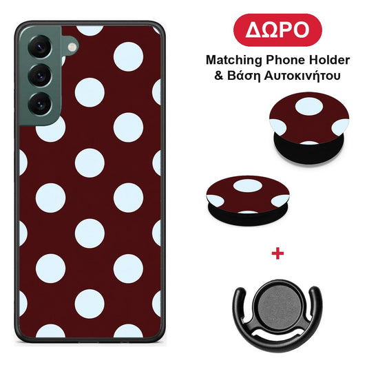 Pale Blue Large Polka Dots on Burgundy - Samsung Galaxy S22 Plus θήκη + Δώρο Phone Holder & Βάση Αυτοκινήτου