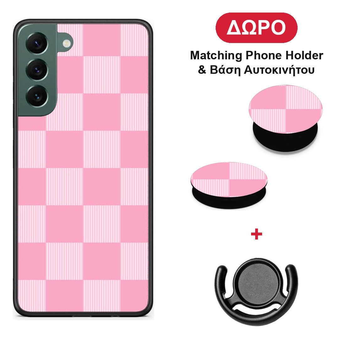 Pink and White Striped Checks - Samsung Galaxy S22 Plus θήκη + Δώρο Phone Holder & Βάση Αυτοκινήτου