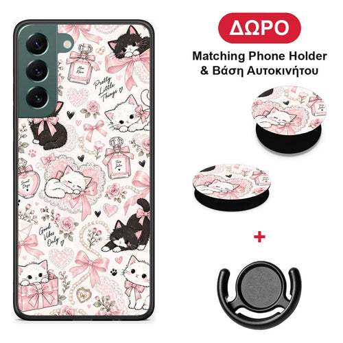 Pink Bows and Kittens Collage - Samsung Galaxy S22 Plus θήκη + Δώρο Phone Holder & Βάση Αυτοκινήτου