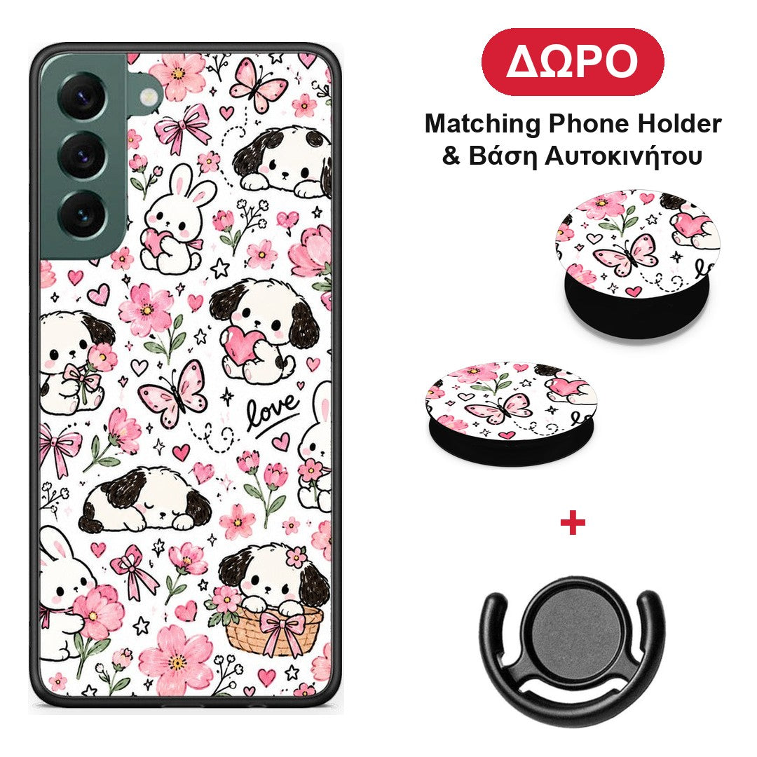 Pink Florals Puppies and Bunnies on White - Samsung Galaxy S22 Plus θήκη + Δώρο Phone Holder & Βάση Αυτοκινήτου