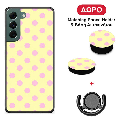 Pink Polka Dots on Yellow - Samsung Galaxy S22 Plus θήκη + Δώρο Phone Holder & Βάση Αυτοκινήτου