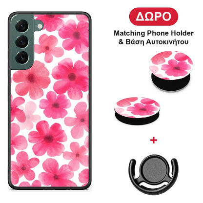 Pink Watercolour Flowers on White - Samsung Galaxy S22 Plus θήκη + Δώρο Phone Holder & Βάση Αυτοκινήτου