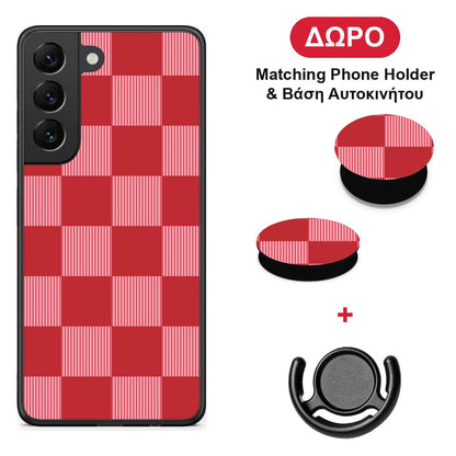 Red and Pink Striped Checks - Samsung Galaxy S22 θήκη + Δώρο Phone Holder & Βάση Αυτοκινήτου