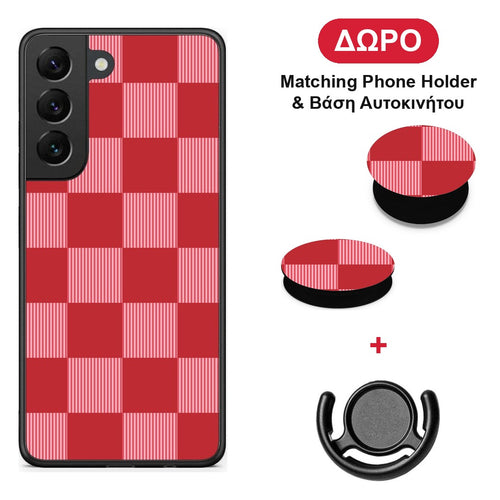 Red and Pink Striped Checks - Samsung Galaxy S22 θήκη + Δώρο Phone Holder & Βάση Αυτοκινήτου
