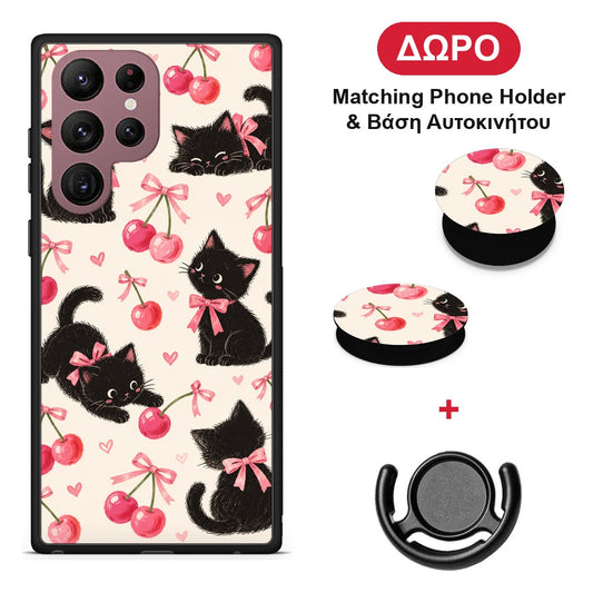Black Kittens and Cherries on Cream - Samsung Galaxy S22 Ultra θήκη + Δώρο Phone Holder & Βάση Αυτοκινήτου