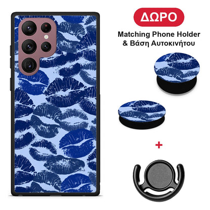 Blue Lipstick Kisses - Samsung Galaxy S22 Ultra θήκη + Δώρο Phone Holder & Βάση Αυτοκινήτου