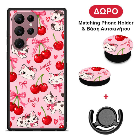 Cherries Bows and Kittens on Pink - Samsung Galaxy S22 Ultra θήκη + Δώρο Phone Holder & Βάση Αυτοκινήτου