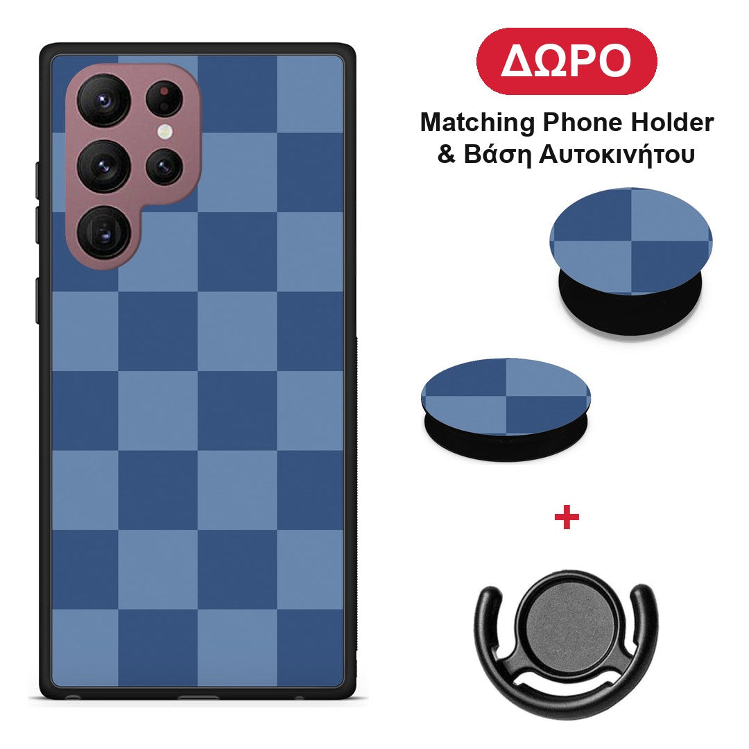 Denim Blue Checkerboard - Samsung Galaxy S22 Ultra θήκη + Δώρο Phone Holder & Βάση Αυτοκινήτου