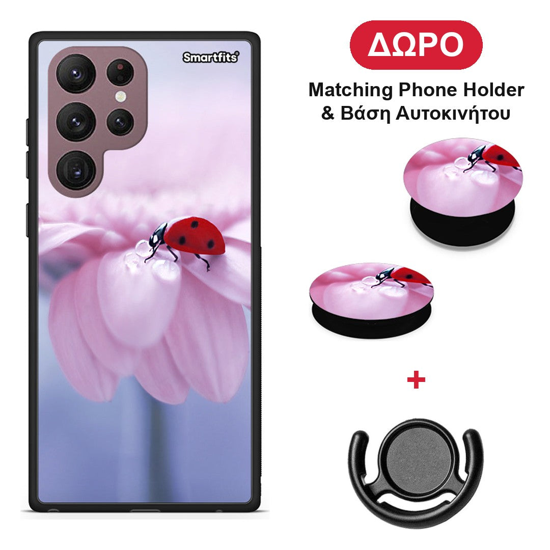 Ladybug Flower - Samsung Galaxy S22 Ultra θήκη + Δώρο Phone Holder & Βάση Αυτοκινήτου